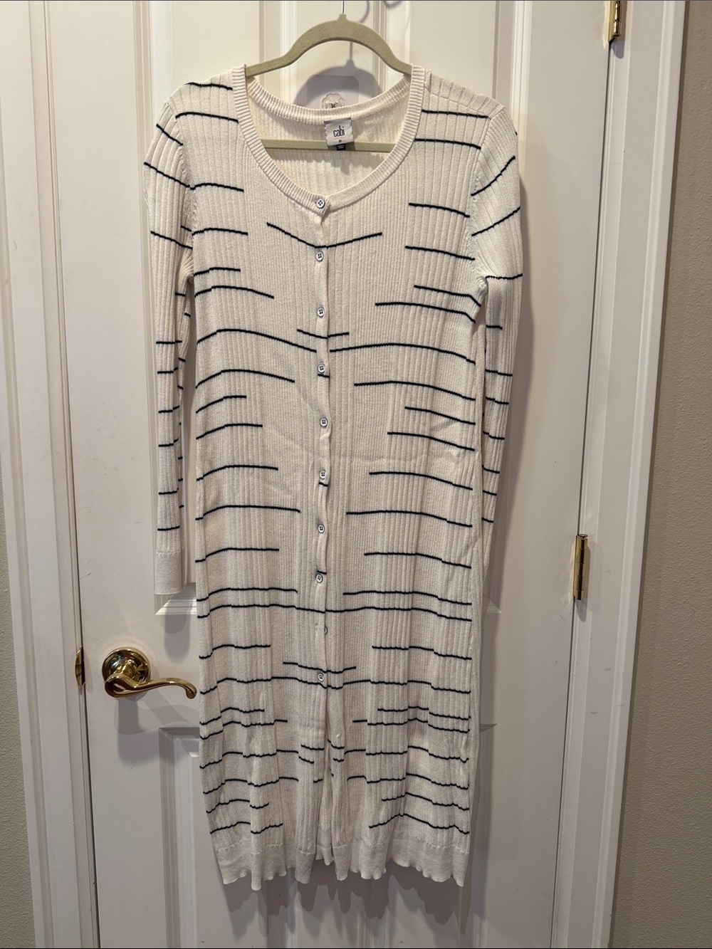 Cabi White and Navy Striped Button-Front long sweater- , Lightweight Knit